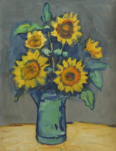 Werkverzeichnis Nr. 226, um 1964, Sonnenblumen in grüner Vase, Öl auf Hartfaser, 66,4 x 51,5 cm
